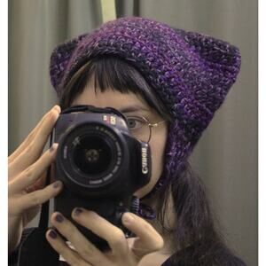 Purple Crochet Cat Bonnet Hat- Natural Fibers Handmade